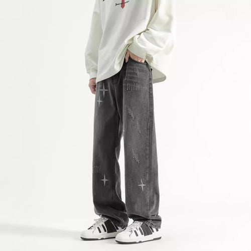 Herren brede jeans med moden distressed-effekt og kreative applikationer Stilla