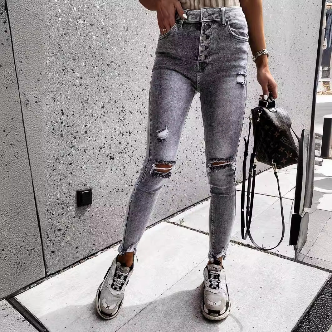 Dame Skinny Jeans med strategiske Ripped-detaljer og høj talje Stilla