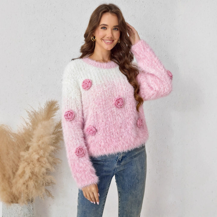 Kvinders fluffy striktrøje med blomstermotiv