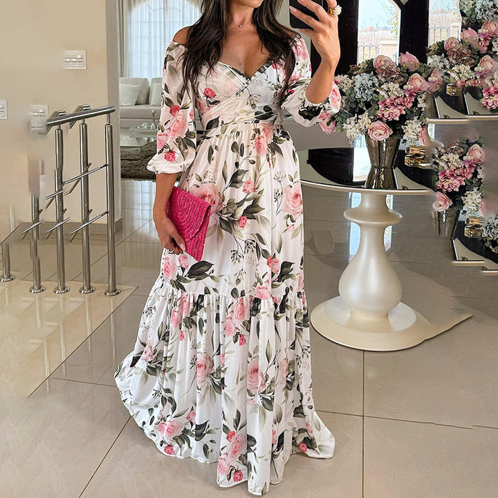Kvinders blomster maxi kjole med off-shoulder design og flæse kant Stilla