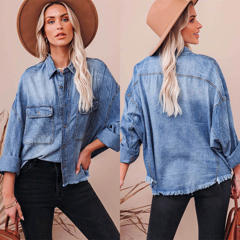 Dame Mønstret Denim Skjorte med Brystlommer Stilla