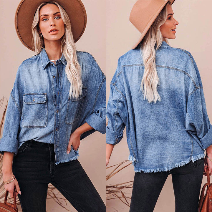 Dame Mønstret Denim Skjorte med Brystlommer Stilla