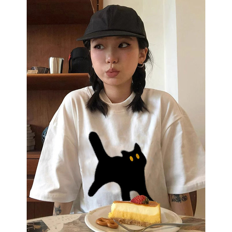 Dame T-shirt med kreativ katte-design og afslappet pasform Stilla