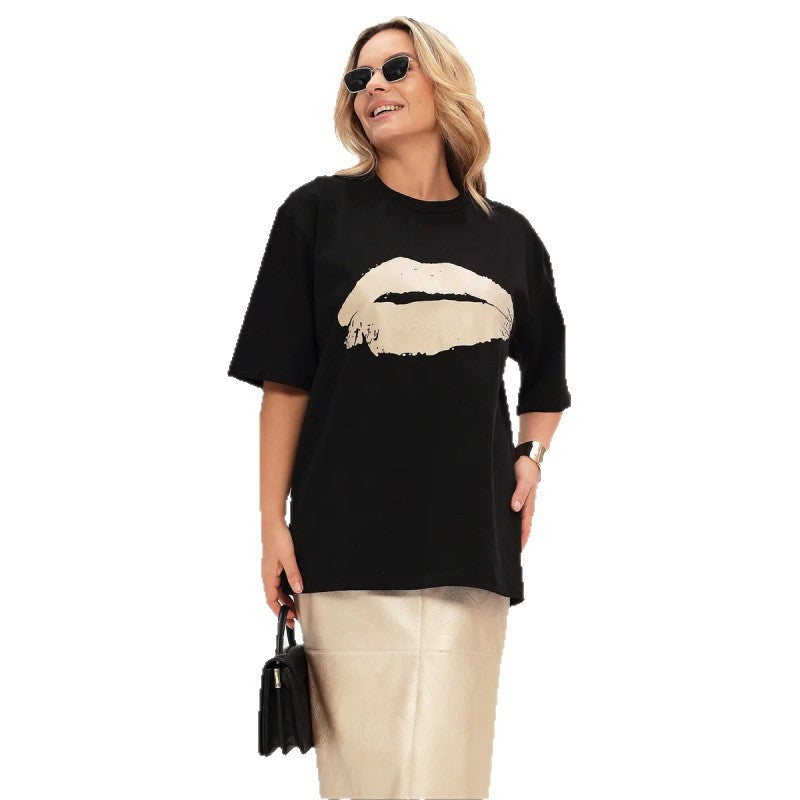 Dame Oversized T-shirt med glamorøs læbeapplikation og løs pasform Stilla