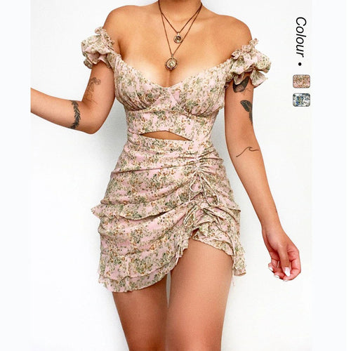 Dame mini kjole med off-the-shoulder design og blomster rynket kant Skovae