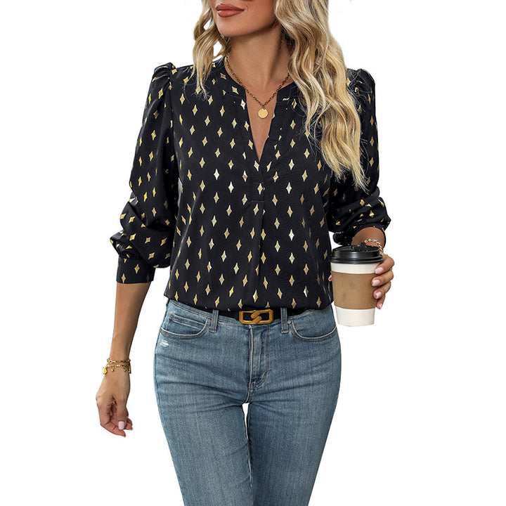 Dame elegant bluse med grafisk mønster og V-hals Stilla