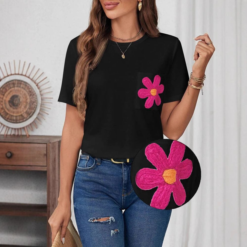 Dame T-shirt med blomstret applikationsmotiv og brystlomme Stilla