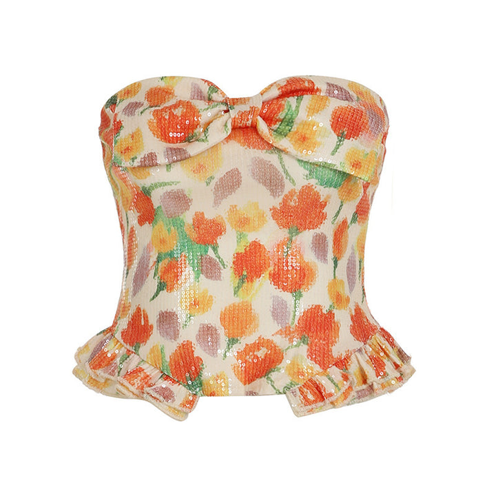 Dame Bustier-top med floralt glimmerdesign og flæsekant Skovae