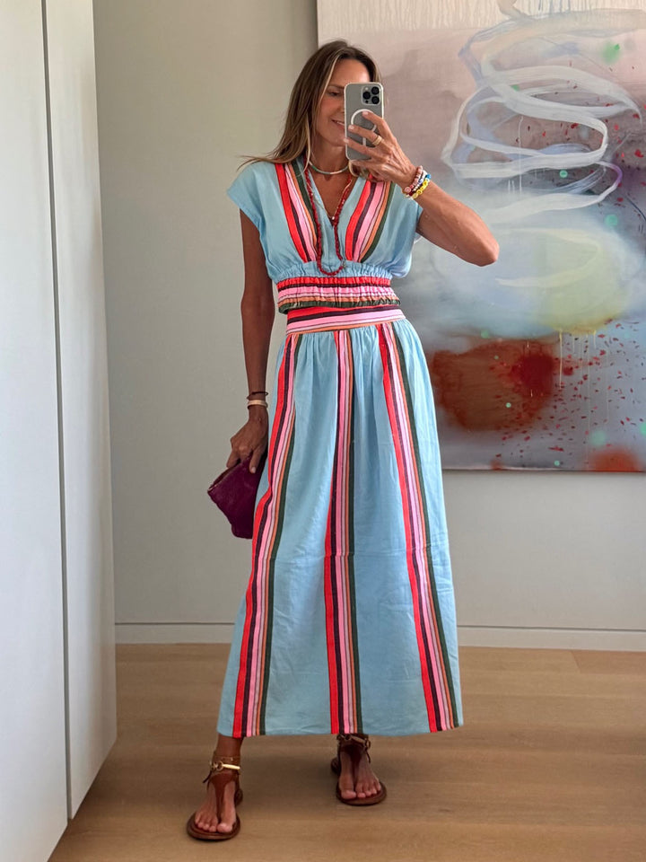 Ladies Beach Maxi Dress with Elastic Waistband and Colorful Striped Pattern Skovae