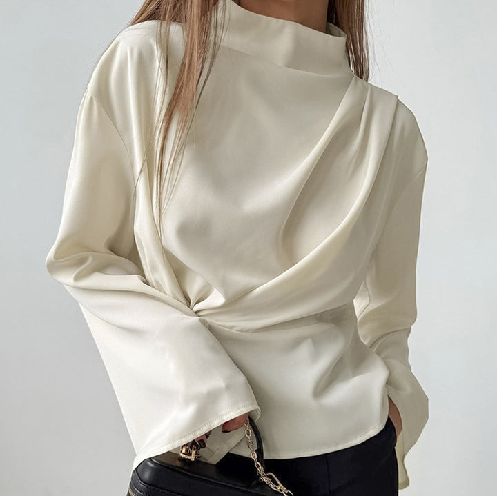 Dame Elegant Ståkrave Top med smart Drapering og bred Snit Stilla