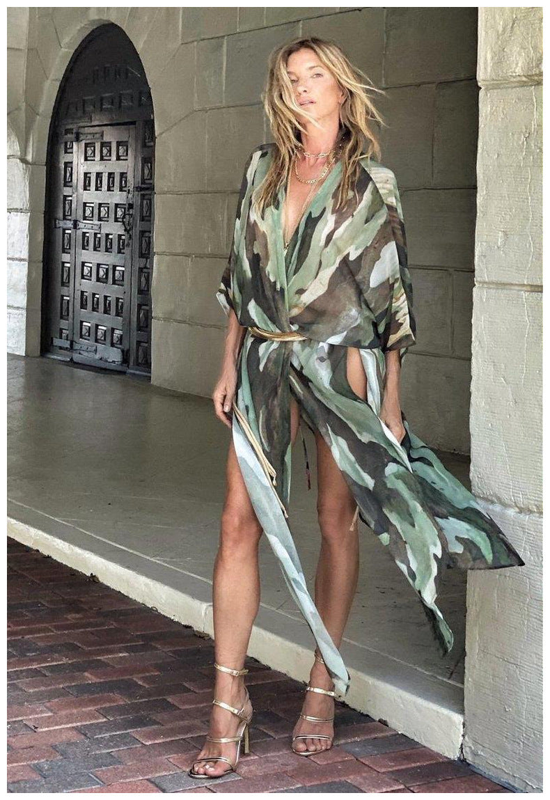 Dame Casual Strandkimono med elegant dyreprint og bredt skårne ærmer Stilla