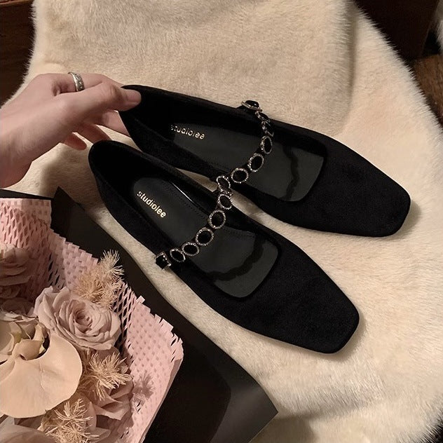 Dame Elegant Quadrat-Tå Mary Jane Ballerina med dekorativ kædhedetail Stilla