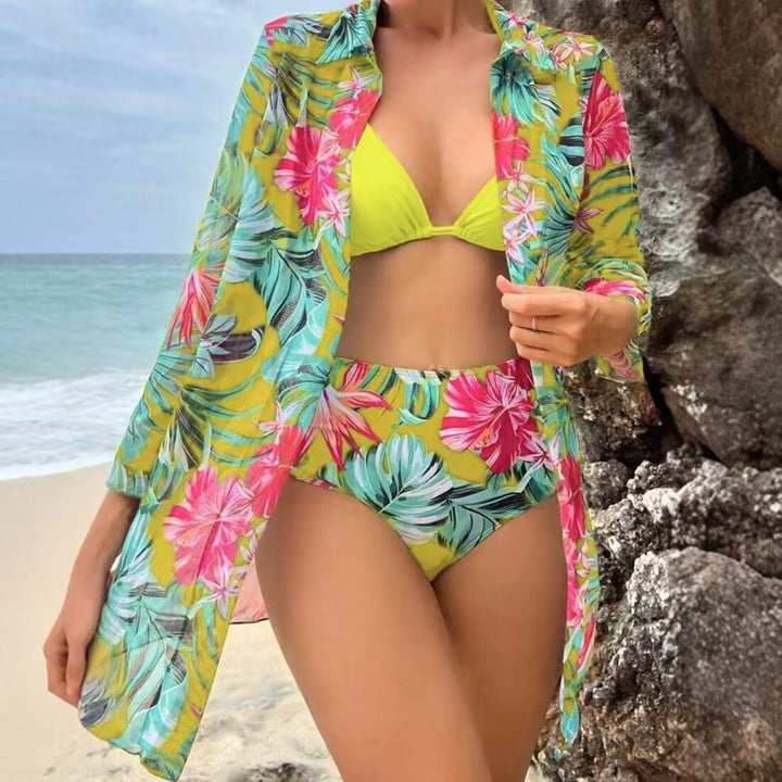 Dame bikini sæt med blomstermønster og gennemsigtig strandoverdel Skovae