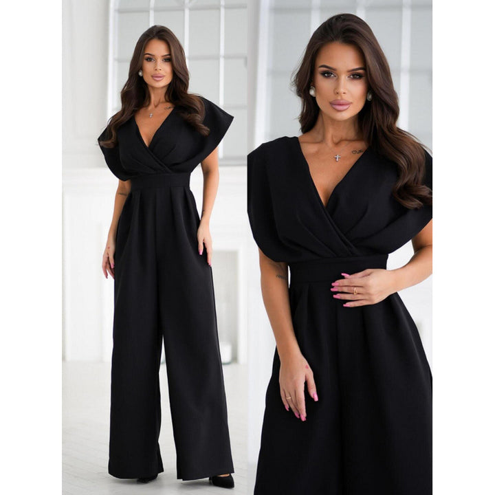 Dame elegant jumpsuit med bredt ben og dyb V-udskæring Stilla