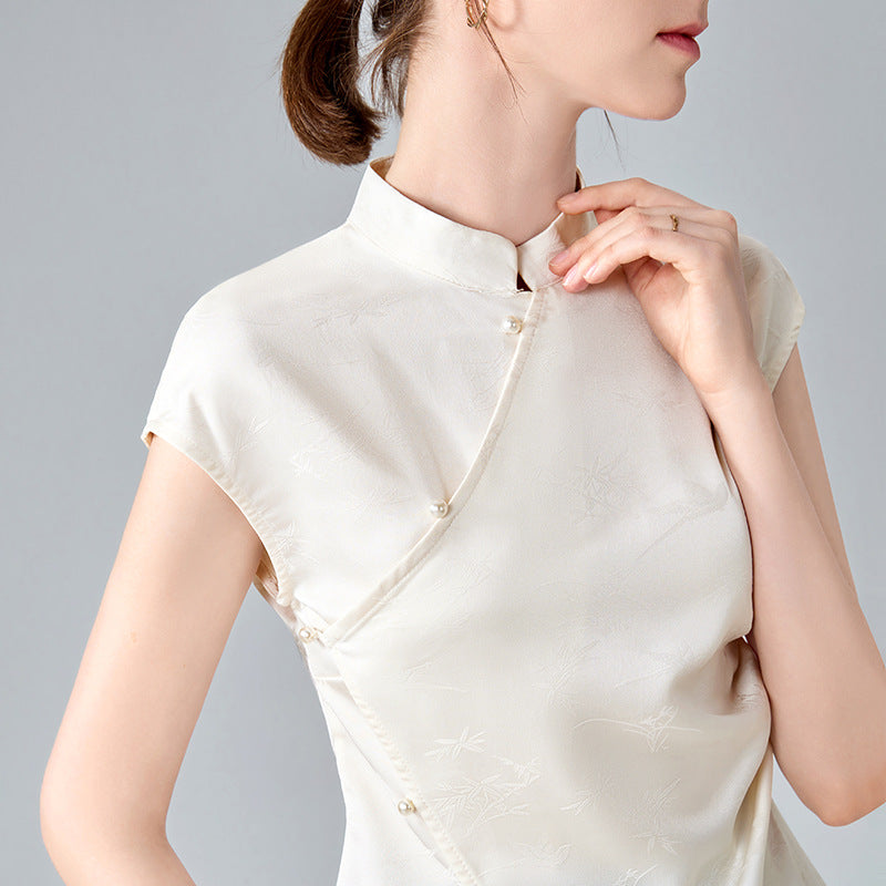 Dame Elegant Silke bluse i stilfuld Kinesisk snit med delikate knapdetaljer Stilla