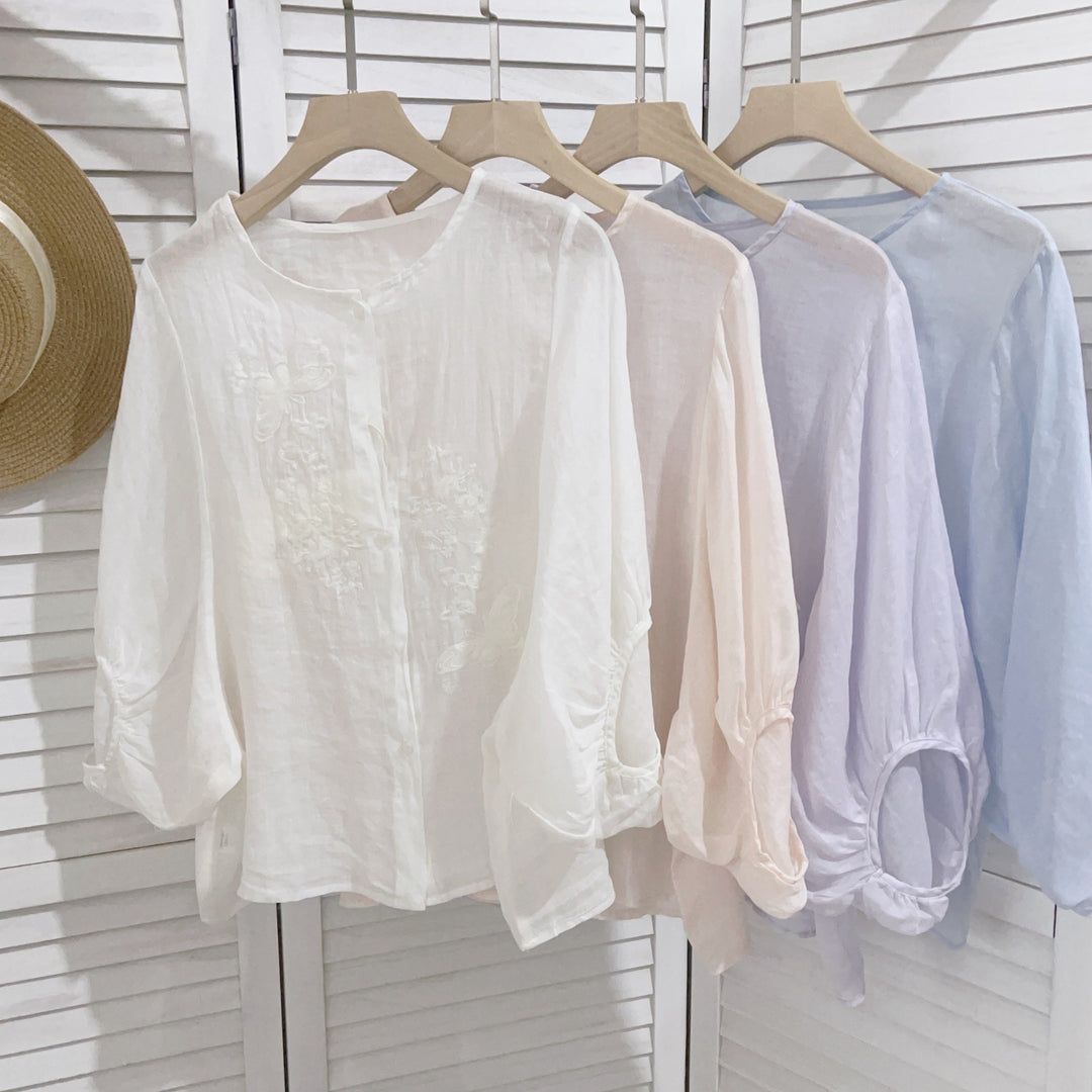 Dame Bestiklet Linned blouse med knapdetaljer Stilla