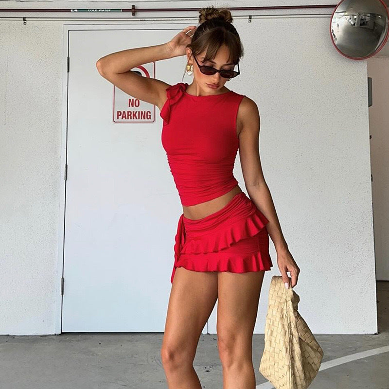 Dame Crop-Top og Miniskørt Sæt i elegant Flæse-design Skovae