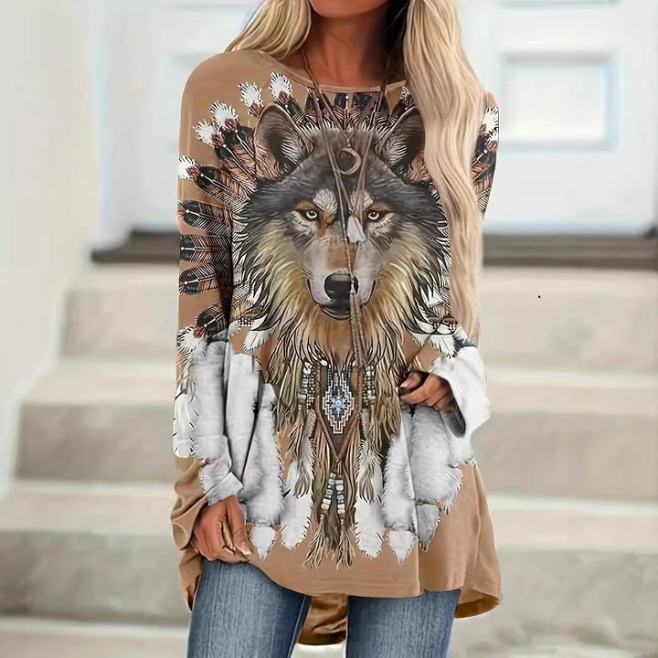 Dame Oversized Sweatshirt med grafisk ulvedesign Stilla