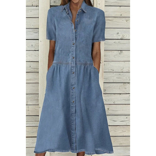 Dame Button-Up Denim Midi Kjole med Lommer Stilla