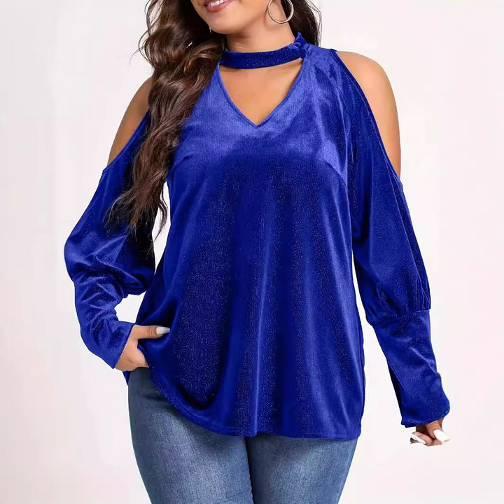 Dame elegant V-hals top med cut-out ærmer og glinsende materiale Stilla