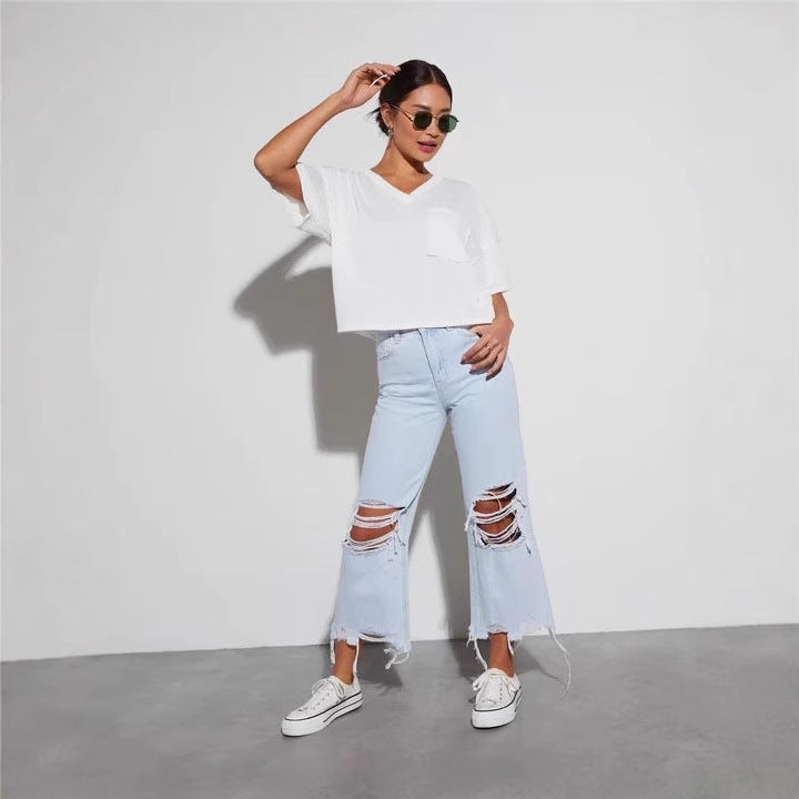 Dame løse boyfriend jeans med imponerende slidte detaljer og brede ben Skovae