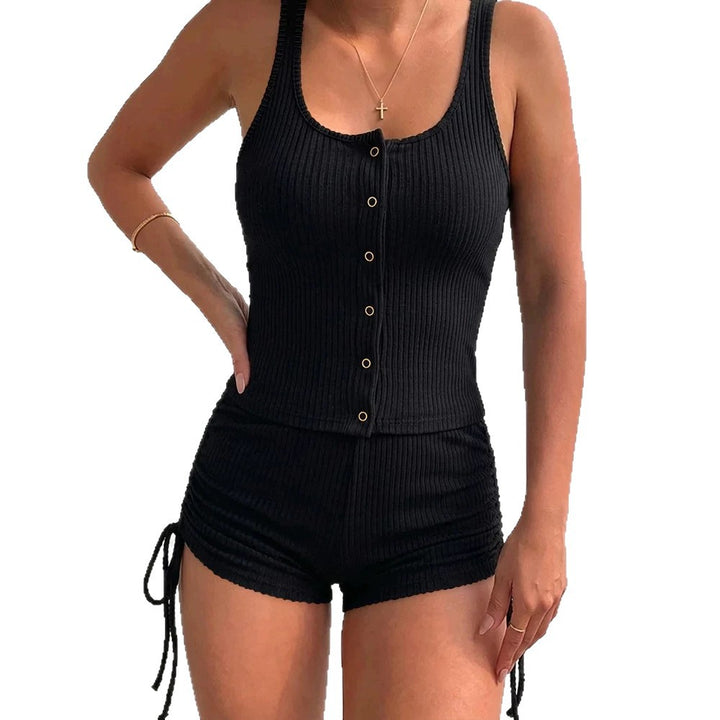 Dame Sporty Bustier-Shorts-Sæt med dekorative knapper og raffinerede binde-detaljer Skovae
