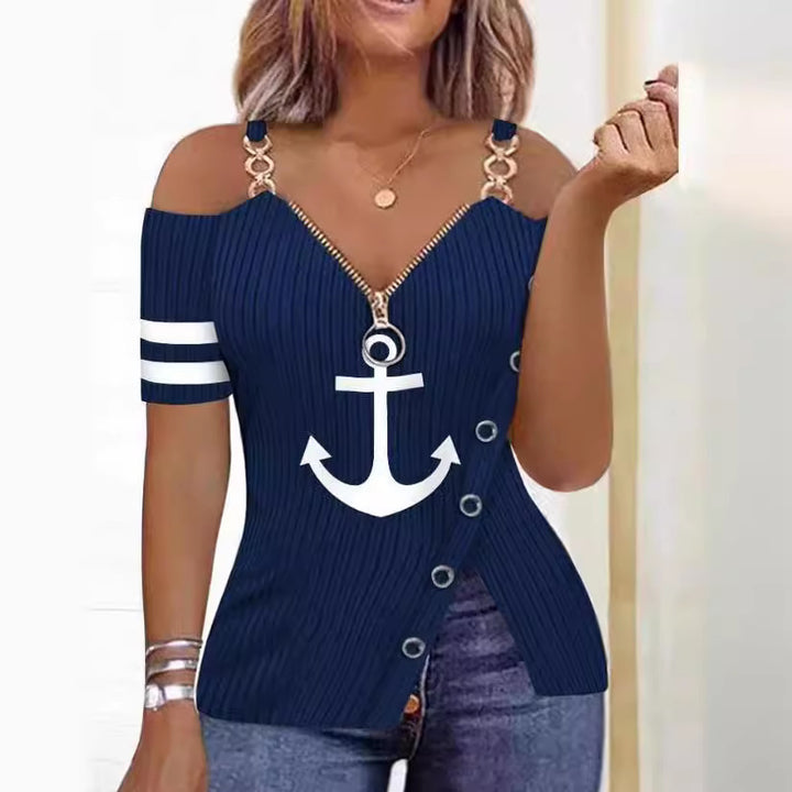 Dame Off-Shoulder Top med maritimt design og dekorative knapper Stilla