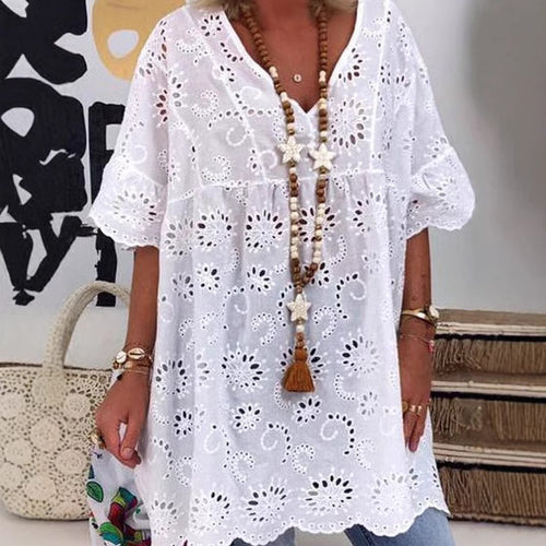 Damebluse med florale broderier og vide ærmer Skovae