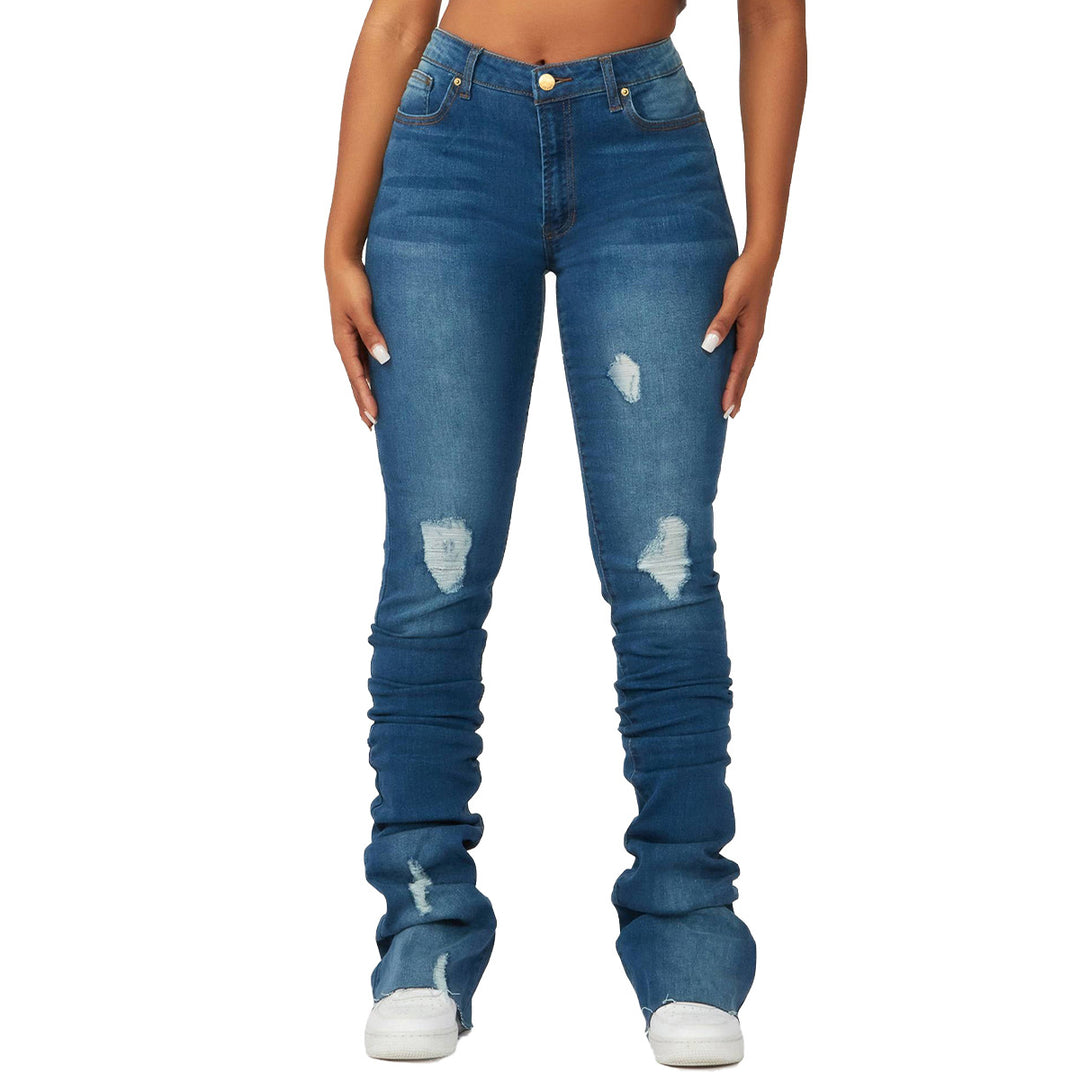 Dame Slim-Fit Jeans med moderigtige Destroyed-effekt og høj talje Stilla