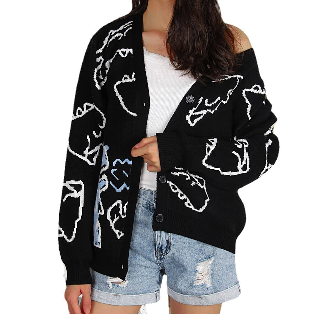 Kvinders mønstrede cardigan med sjov dinosaurmotiv Stilla
