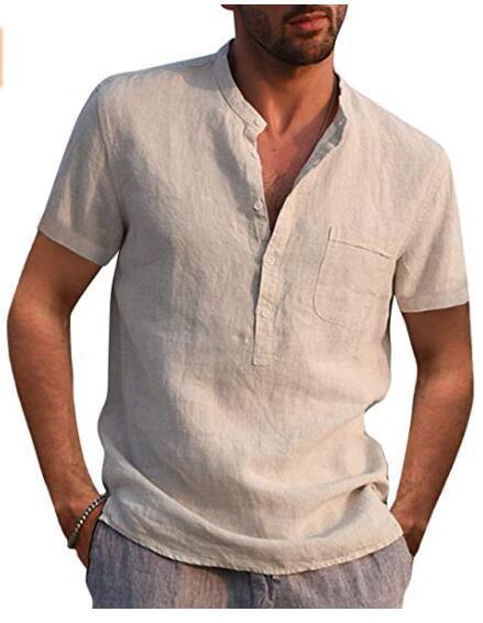 Herrer linned skjorte med Henley-krave og brystlomme Stilla