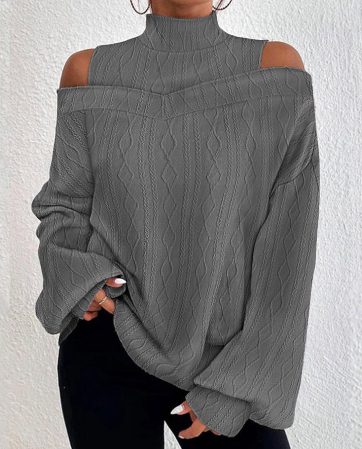 Dame strikket sweater med off-shoulder design og høj krave Stilla