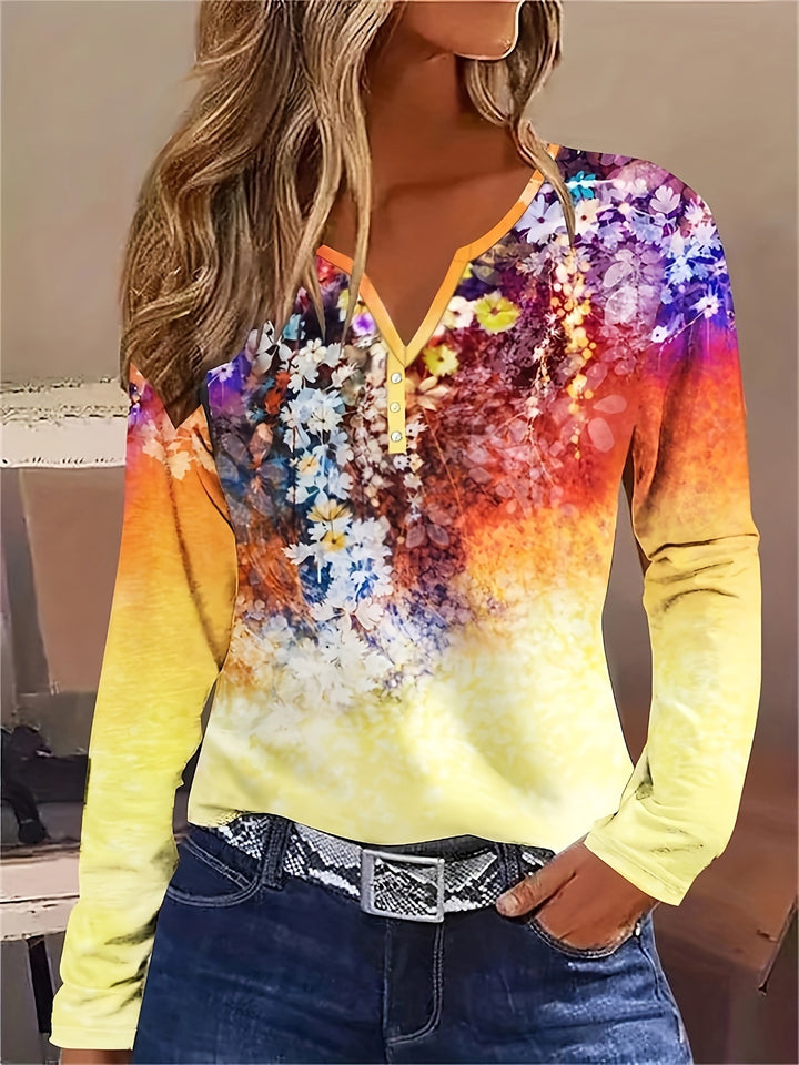 Dame Floral Langærmet T-shirt med Henley-udskæring og farvegradient Stilla