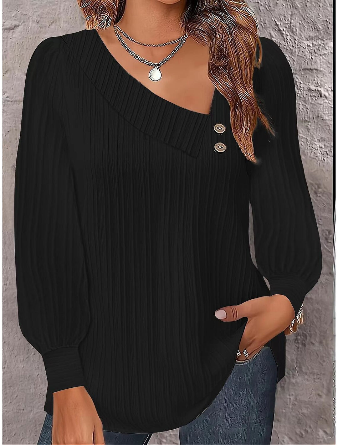 Dame Plisseret Top med asymmetrisk snit og dekorative knapper Stilla