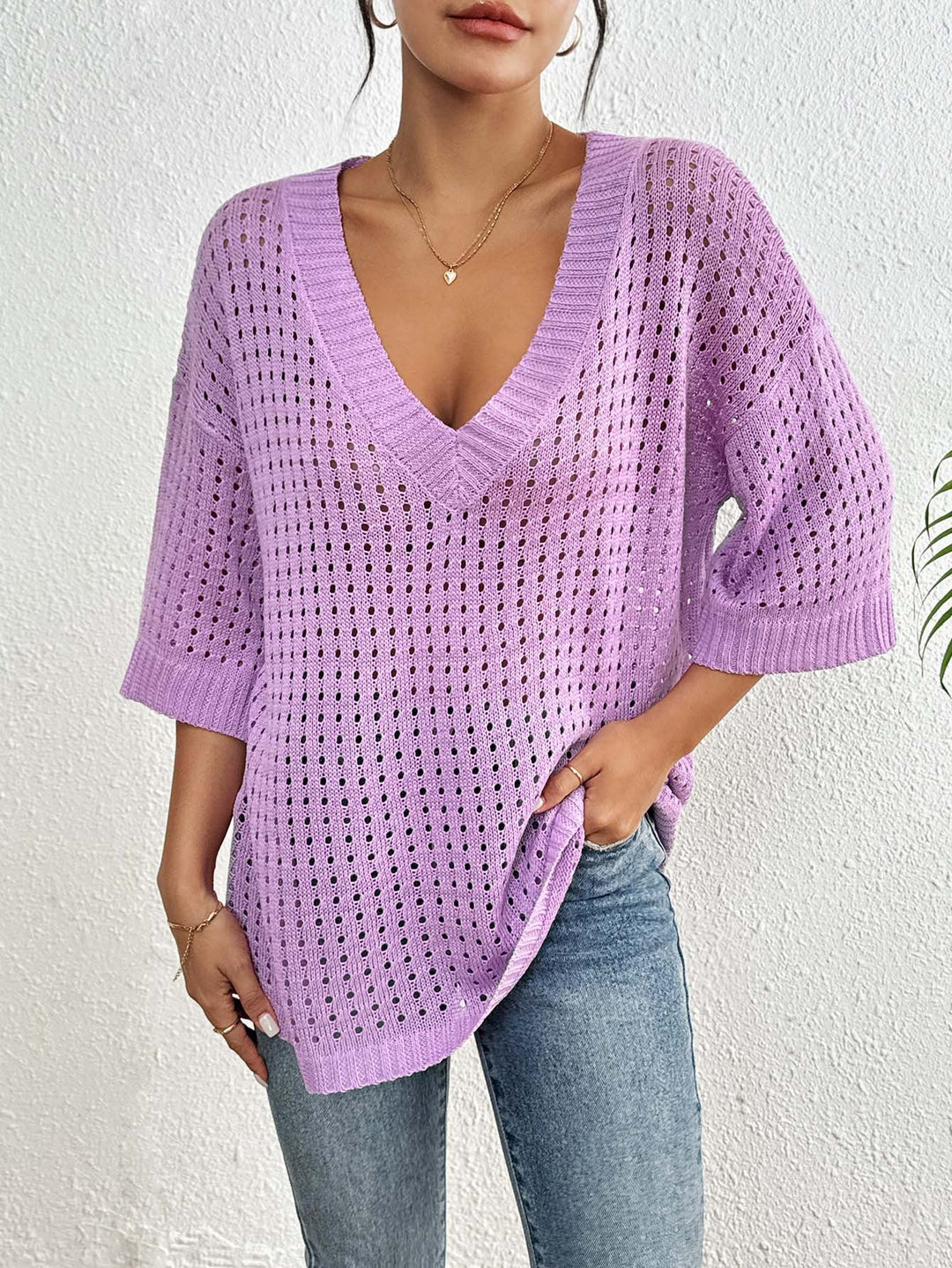 Dame Åndbar V-Hals Oversized Strik Pullover Stilla
