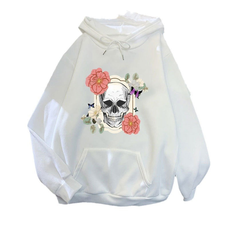 Kvindernes hættetrøje med kreativt kranium og blomst design Skovae