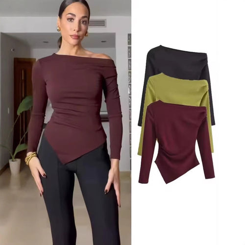 Dame asymmetrisk langærmet overdel med elegant draperingsdesign Stilla