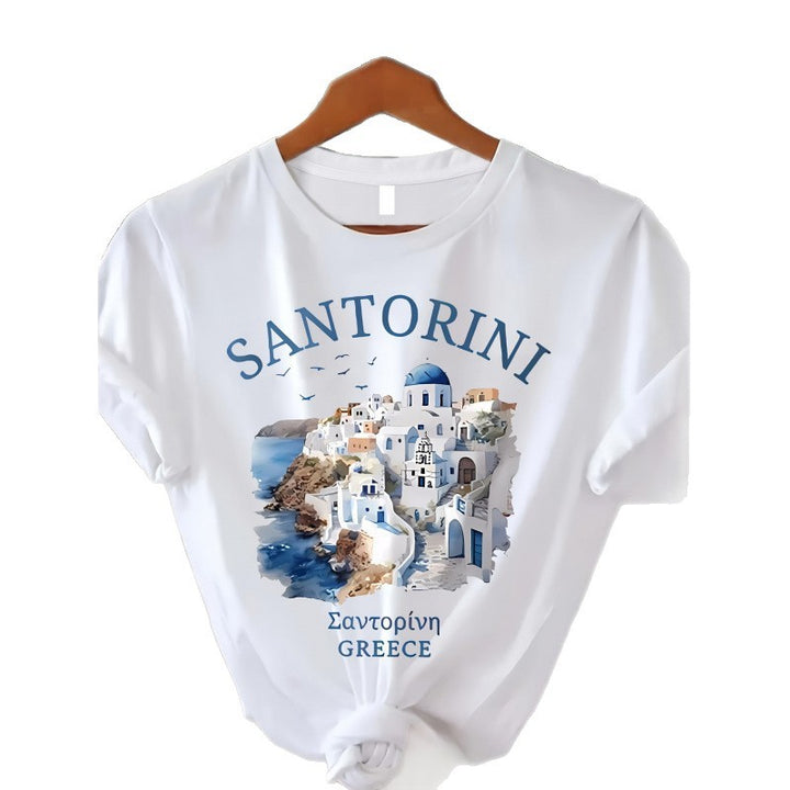 Dame T-shirt med kunstnerisk Santorini-motiv og afslappet snit Stilla