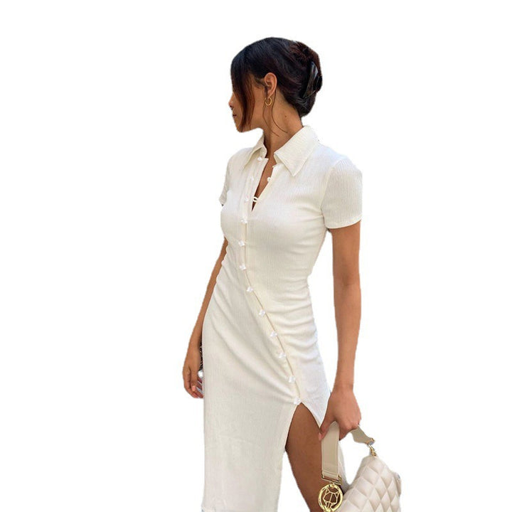 Dame Elegant Maxikjole med Button-Down-krave og højt slids Stilla