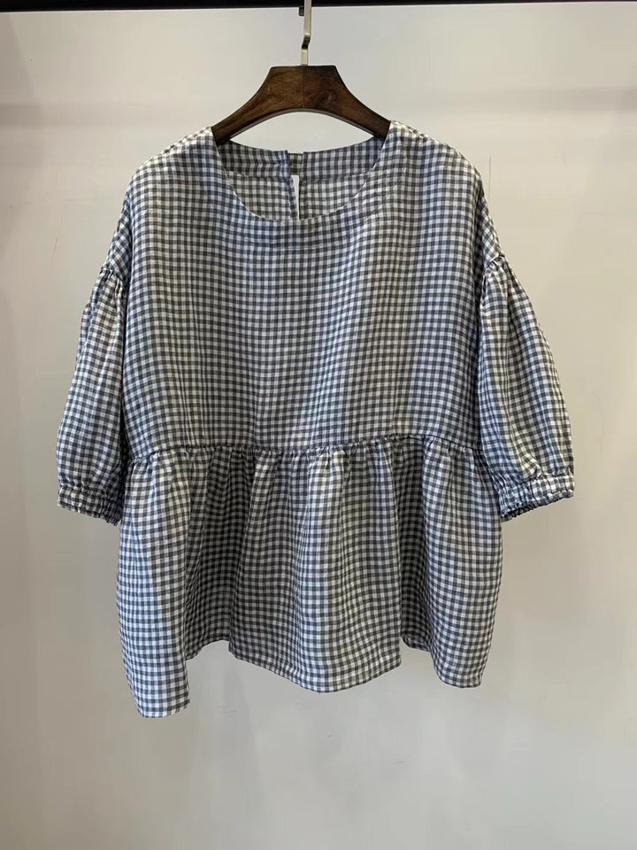 Dame Gingham Peplum-top med pufærmer Stilla