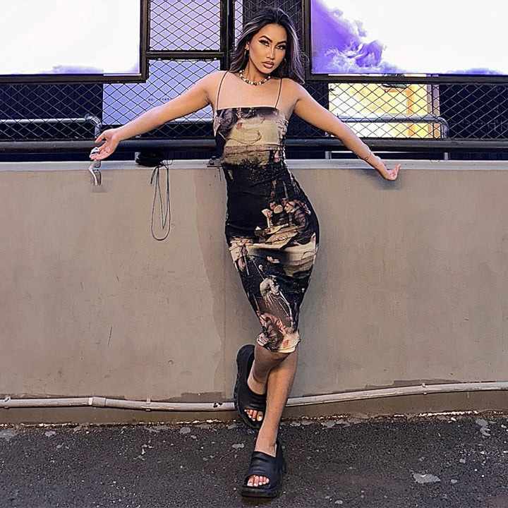 Kvinder Kunstnerisk Tryk Bodycon Midi Kjole Stilla