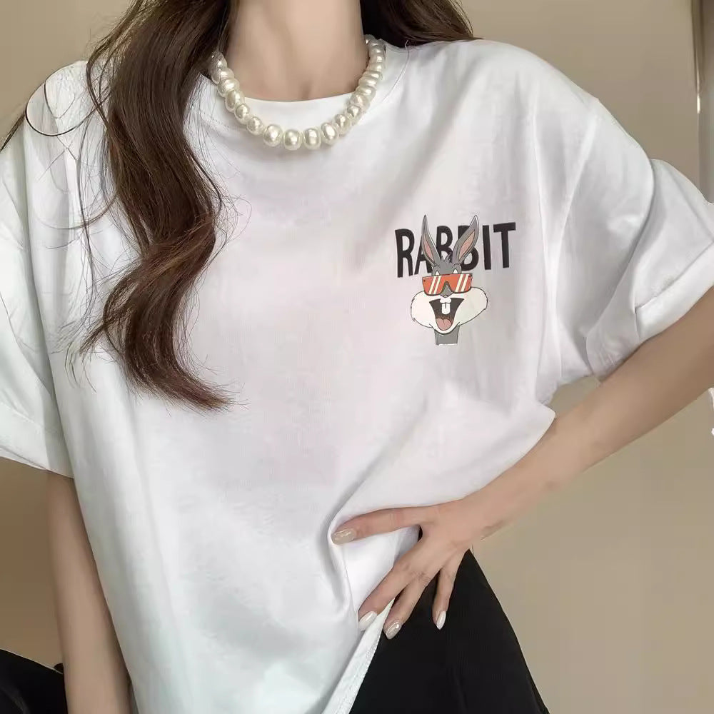 Dame T-shirt med kreativt cartoon-motiv og afslappet pasform Stilla