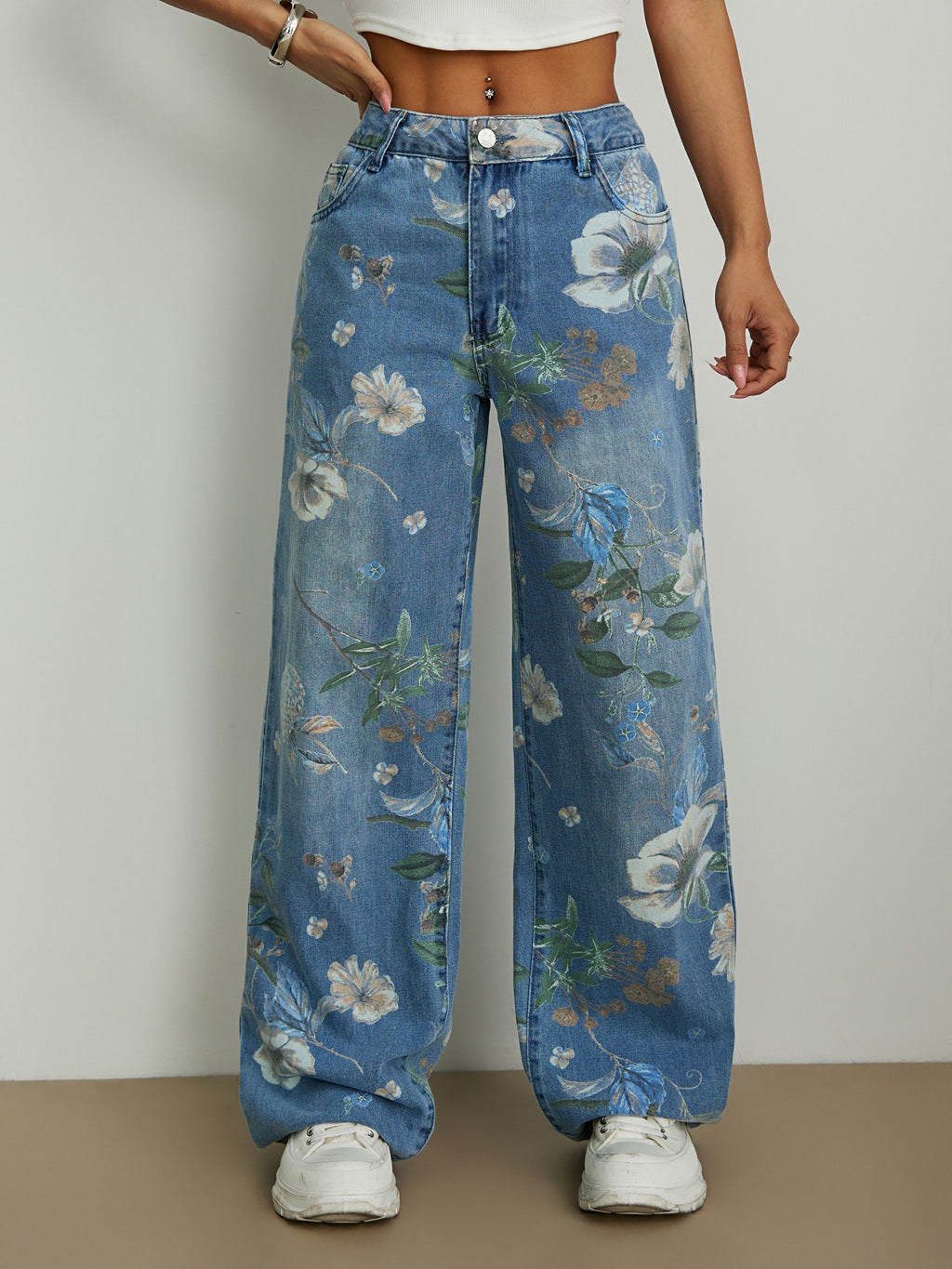 Kvinders brede jeans med blomstret design og høj talje Stilla