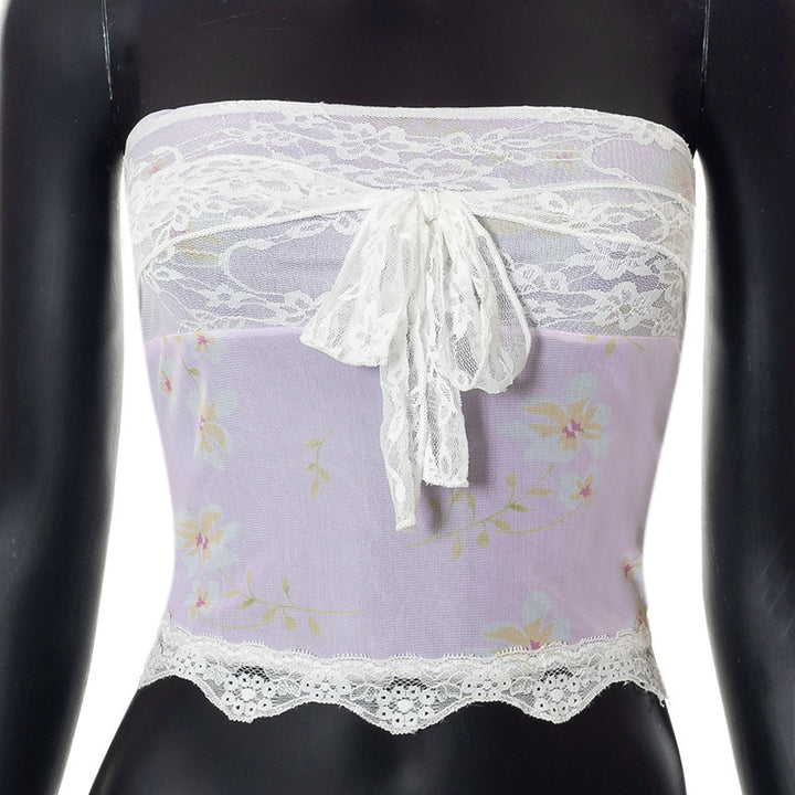 Dame bandeau-top med blomsterdetaljer og spidsafslutning Skovae