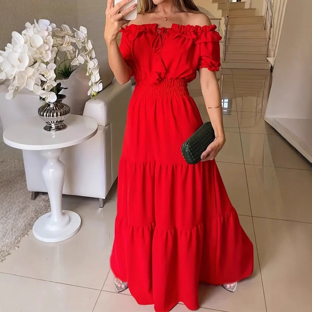 Dame maxikjole med flæsedetaljer og off-shoulder design Stilla