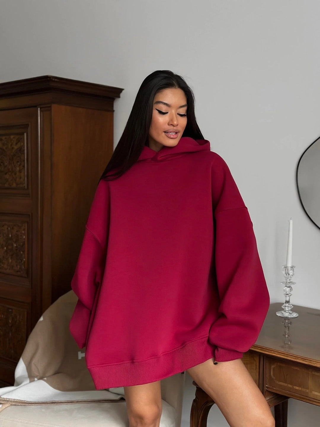 Kvinder Oversized Hoodie med praktiske lommer og høj-hals krave Skovae