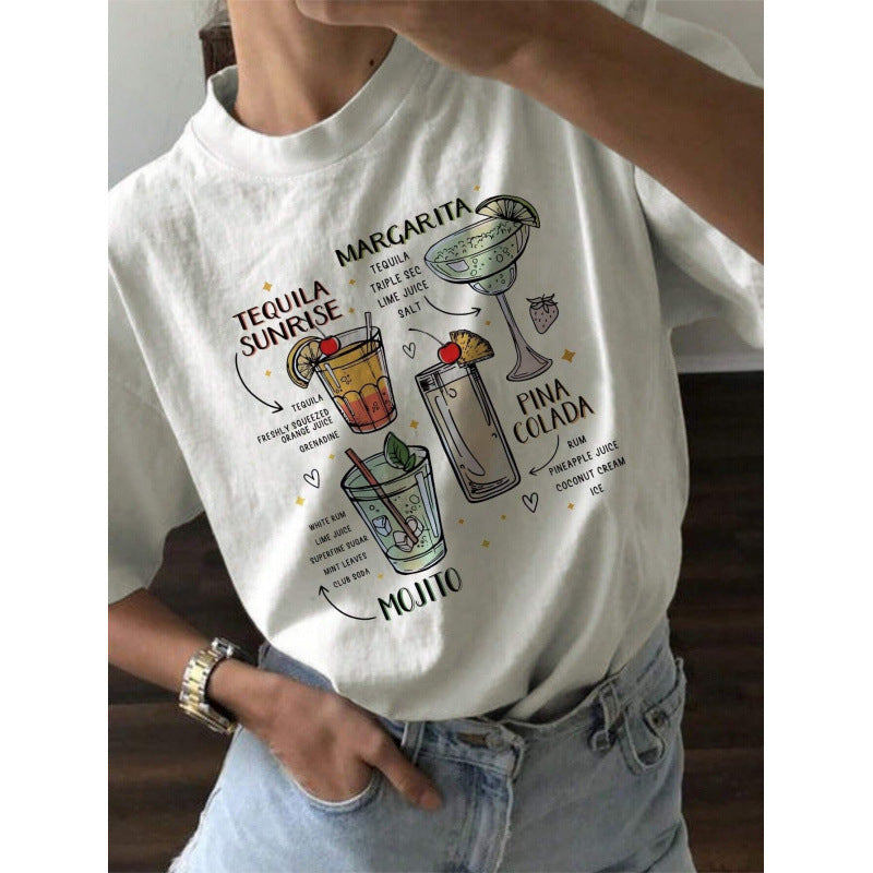 Dame T-shirt med kreativt cocktailmotiv og afslappet snit Stilla