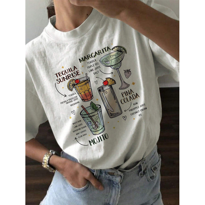 Dame T-shirt med kreativt cocktailmotiv og afslappet snit Stilla
