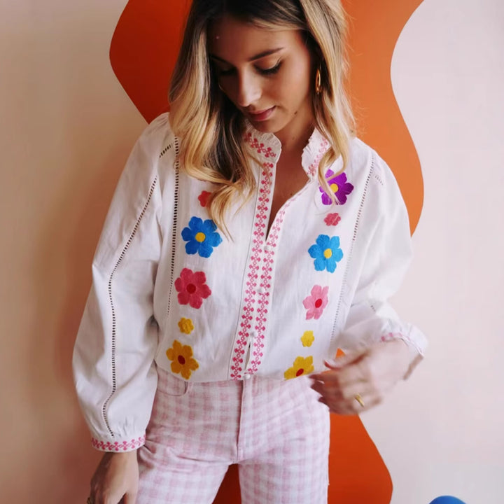 Femme Broderet Langærmet Button-Up Skjorte Stilla