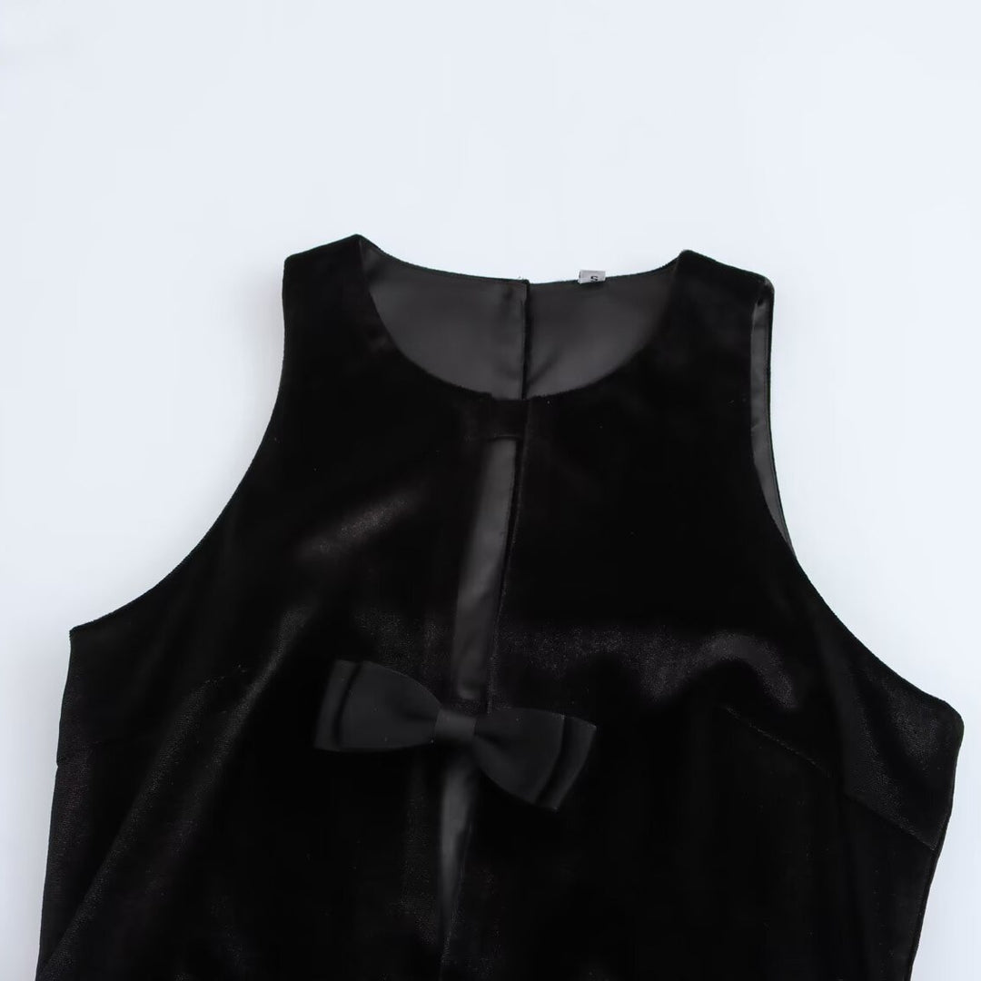 Dame Ærmeløs Velour Mini Kjole med Sløjfe Detaljer Stilla